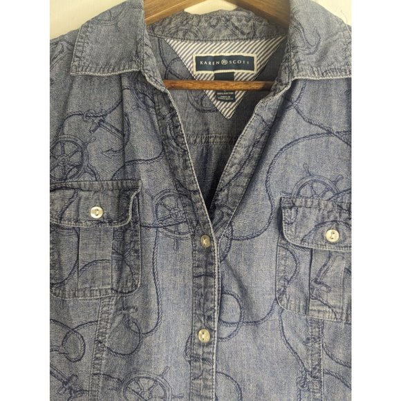 Karen Scott Short Sleeve Nautical Beach Print Denim Shirt Buttoned Down Sz L - Picture 4 of 8